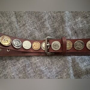 Vintage Coin-Embellished Brown Leather Belt Britt Regina United Kingdom Sz S-M